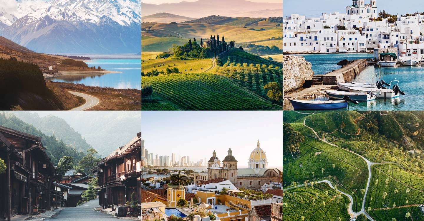 теплые страны азии. венген швейцария. озеро лунгерн швейцария. страны на одном фото. коллаж из достопримечательностей мира.